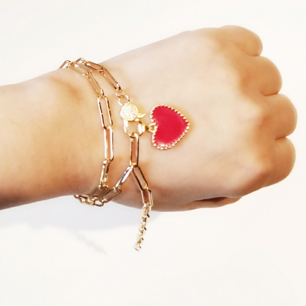 Red Enamel Heart Gold Paperclip Chain Necklace - Picture 7 of 7